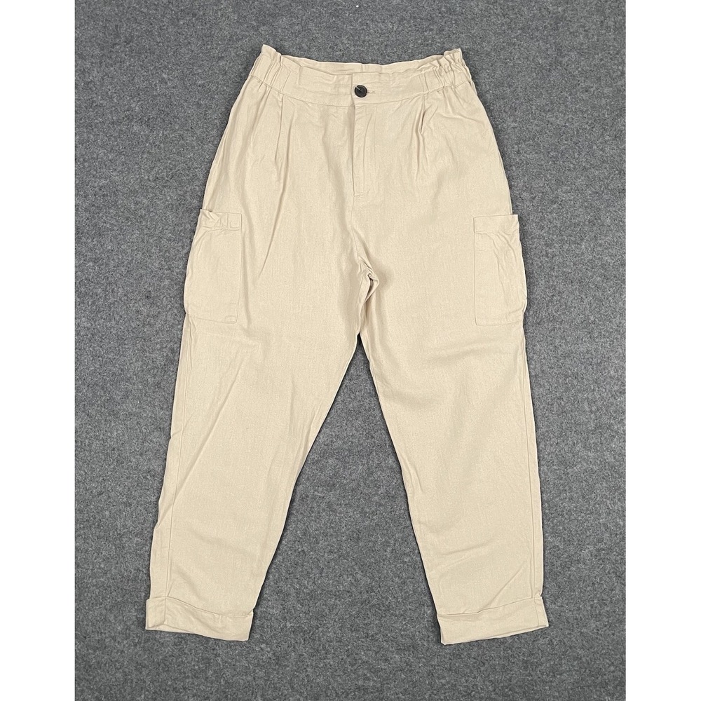 Zara Linen Blend Cargo Pants Trousers Womens 6 Beige Lightweight Casual Utility